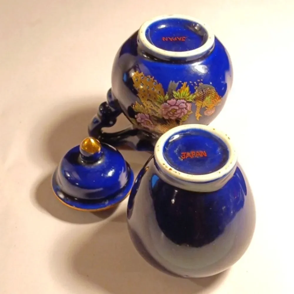 Vintage Small Japanese Cobalt Blue Pitcher and Urn with Gold Peacock and Flowers
